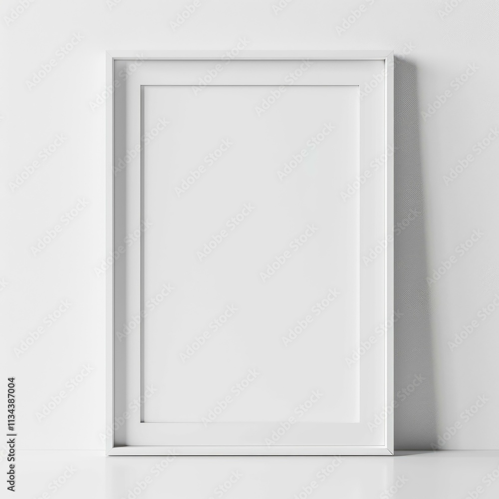 Poster simple white frame leaning against white wall in empty, minimal room setting, creating a blank canva