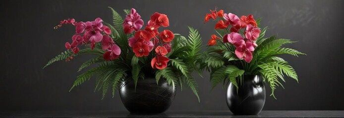 Obraz premium An exotic mix of orchids, anthuriums, and ferns in a sleek modern vase , exotic, spring, anthuriums