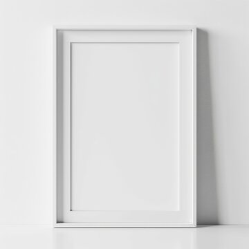 Simple white frame leaning against white wall in empty, minimal room setting, creating a blank canvas for design and art presentation