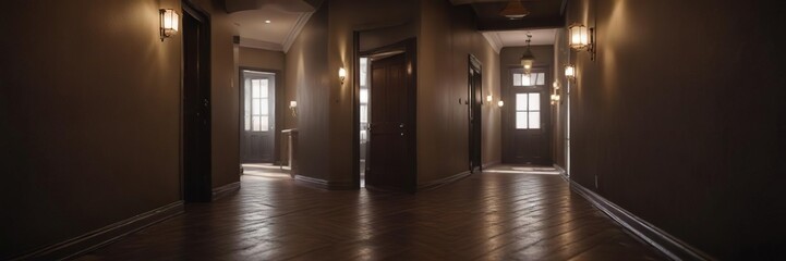 Dimly lit hallway with a single bulb glowing softly, warm ambiance, illumination, peaceful