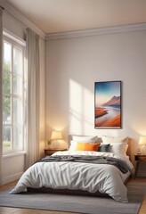 Soft and cozy bedroom with double bed under window, peaceful retreat, soft blanket, soft furnishings