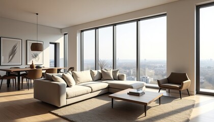 A modern living room with large windows offering a panoramic view of a cityscape, featuring a beige sectional sofa, a wooden coffee table, and a dining table with chairs.