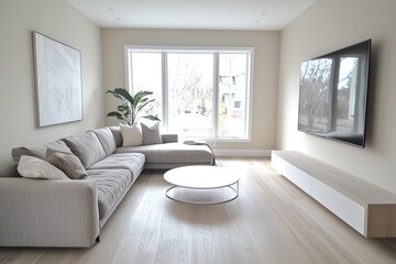 Fototapeta premium A modern minimalist interior design of a residential living room with windows visible and sofas and tables visible. Generative AI 