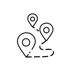 
icon route,Three location markers connected by a dashed line represent a route. Ideal for travel, navigation, map, or transportation concepts. Isolated white background editable, eps 10
