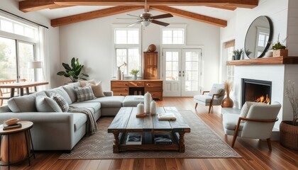 A spacious and well-lit living room with a large sectional sofa, wooden coffee table, and a fireplace. The room features wooden beams on the ceiling, a ceiling fan, and various decorative elements