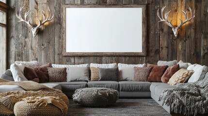 Cozy rustic living room with frame mockup on reclaimed wood, sectional and throws.