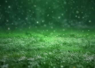 Fototapeta premium Softly falling snowflakes on a green background with subtle glow effect, frosty landscape, icy world, serene scenery