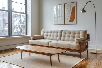 A modern Scandinavian interior design in a minimalist, skylight living room with sofa and table. Generative AI
