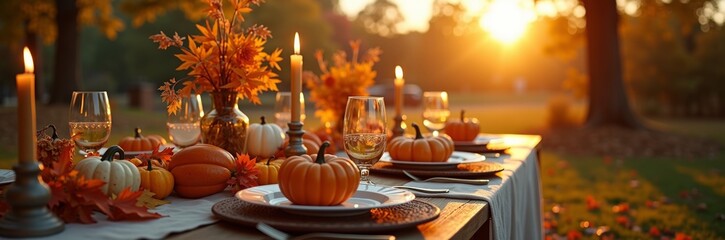 Autumn Dinner Table Decor with Pumpkins and Fall Foliage at Sunset in a Cozy Outdoor Setting
