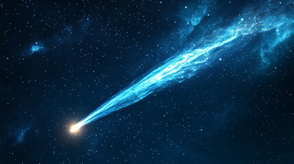 Bright comet streaks through a starry night sky over a distant galaxy