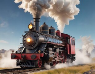 Naklejka premium Vintage steam engine puffing white smoke through pass, mountains , winding road, steam engine