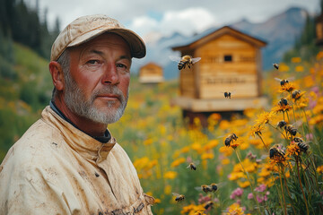 Portrait of an elderly beekeeper surrounded by bees, hives, and flowers, representing beekeeping