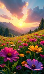 Wildflowers in every color of the rainbow stretch towards the sky as the sun rises over the landscape, colors, wildflower, sunlight
