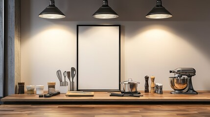 Product showcase room with kitchen tools, vertical mockup frame on wooden floor, and overhead lighting accentuating the clean design.