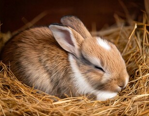 a cute baby bunny sleeping peacefully in a bed of hay with soft fur and closed eyes, showcasing its natural innocence
