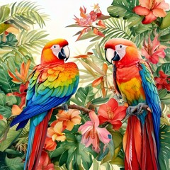 Obraz premium Tropical parrots perched on watercolor vines with bright exotic flowers