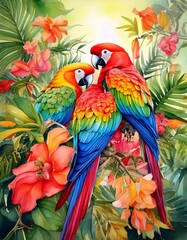 Fototapeta premium Tropical parrots perched on watercolor vines with bright exotic flowers