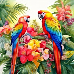 Obraz premium Tropical parrots perched on watercolor vines with bright exotic flowers