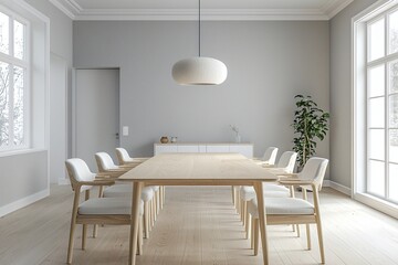 Minimalist, a Scandinavian interior design dining room with wooden dining tables and chairs. Generative AI
