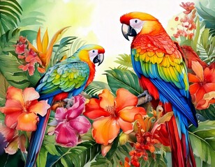 Tropical parrots perched on watercolor vines with bright exotic flowers