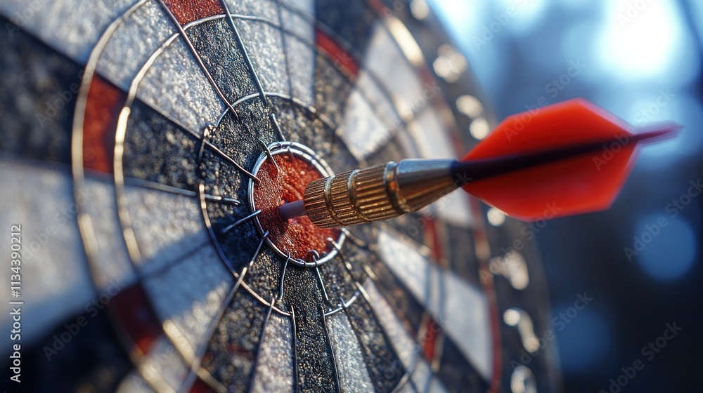 Poster dart embedded in the bullseye of a dartboard