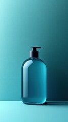 A sleek blue pump bottle against a teal background, suggesting personal care or hygiene products.