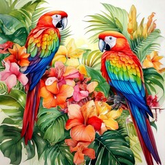 Obraz premium Tropical parrots perched on watercolor vines with bright exotic flowers