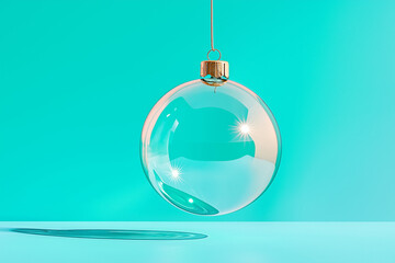 A reflective glass Christmas bauble on a snowy landscape glistens under sunlight. Festive winter decoration with icy tones and textures.