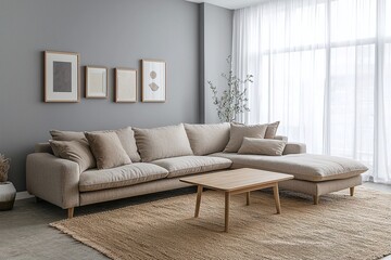 Fototapeta premium Minimalist, mid century modern interior design in the living room with light grey finished walls and a sofa and table. Generative AI 