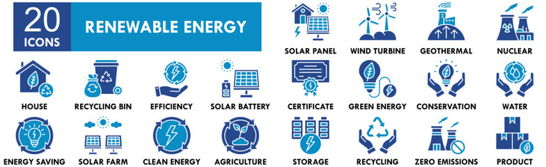 Renewable Energy icon collection set. Containing design electricity, renewable, technology, energy, eco