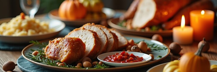 Thanksgiving Feast with Roast Turkey, Vegetables, and Candles in Warm Ambient Lighting