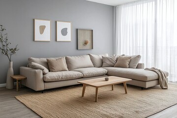 Fototapeta premium Minimalist, mid century modern interior design in the living room with light grey finished walls and a sofa and table. Generative AI 