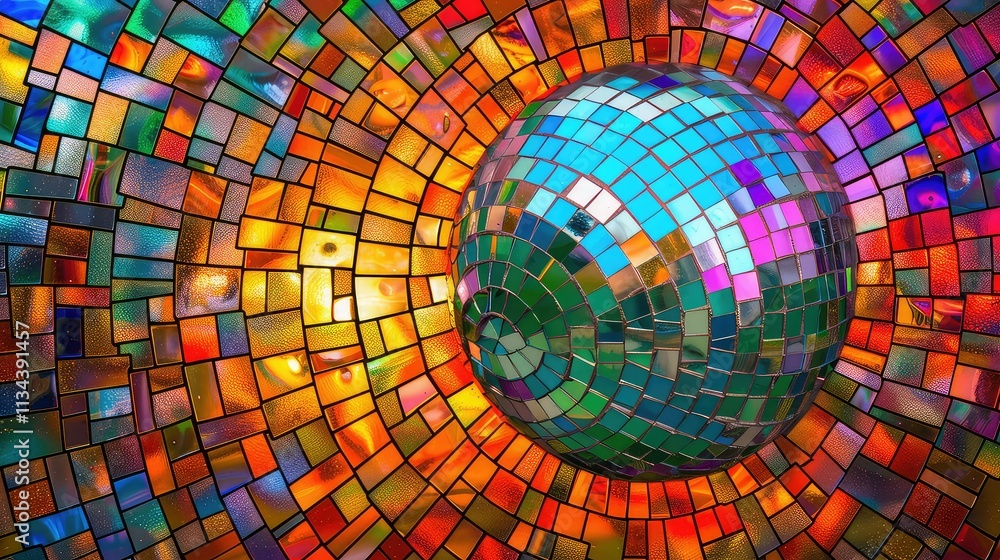 Poster abstract background of a mirror disco ball with multicolored reflections