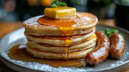 Fluffy pancakes drizzled with golden maple syrup and served with golden sausage on the side.