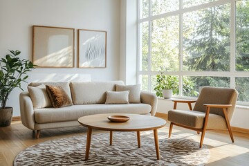 Obraz premium Minimalist, modern Scandinavian interior design in the living room with sofa and table. Generative AI 