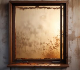 Window with condensation and brown mould stains, moist air, wet glass