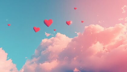 Fototapeta premium Pink hearts float among soft clouds in a pastel sky, creating a dreamy, romantic atmosphere.