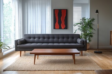Obraz premium A mid century modern interior in the living room with minimalist, dark gray sofas and art frames in view. Generative AI 