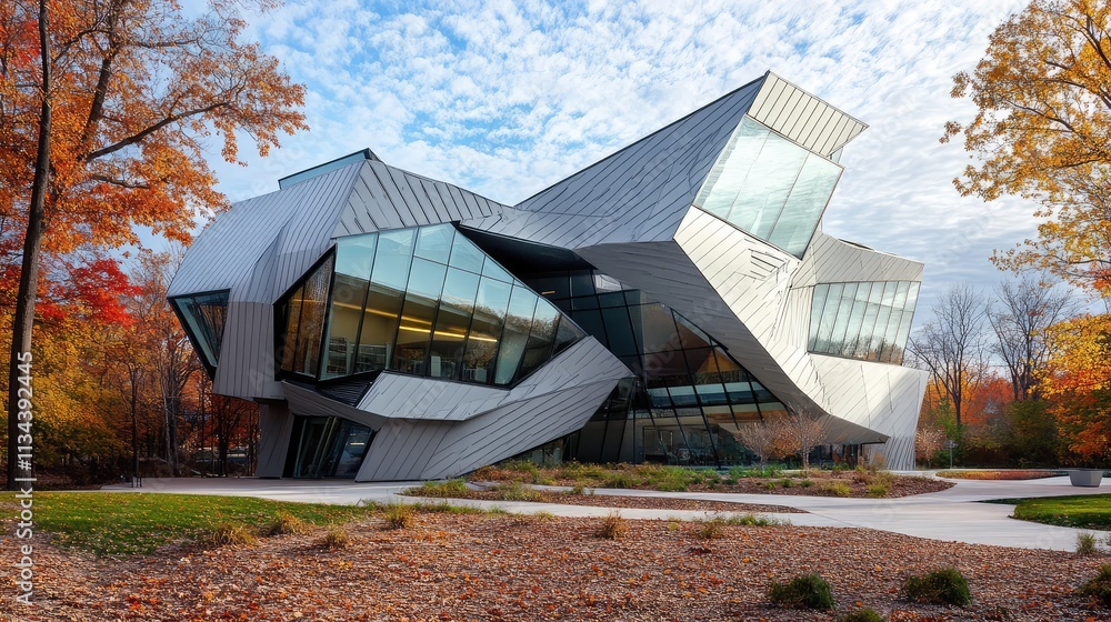 Poster a science center with jagged architectural forms and tilted walls, appearing to defy gravity in its 