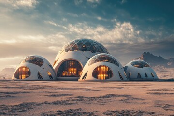 A desert-inspired futuristic landscape with sandy hues, futuristic domed buildings, glowing neon accents, and vast empty horizons under a dramatic sky.