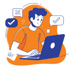 Cartoon person working on laptop with checkmarks around.