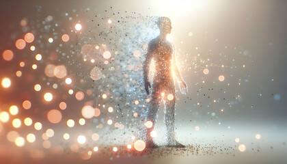 Fototapeta premium 3D Soft abstract digital art of a human brain connected to digital networks with bokeh lights and copy space symbolizing Science Fiction Day. concept as A human brain seamlessly integrated with digita