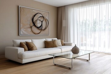 Minimalist, modern Scandinavian interior living room in living room with sofa and table view. Generative AI

