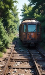 Obraz premium A weathered railcar with shattered glass and twisted metal, half-hidden in the bushes of a forgotten railway track, rusted wreckage, twisted metal, abandoned infrastructure