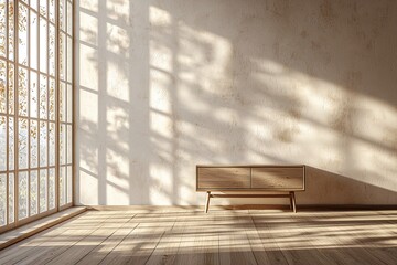 A residential living room with walls and wood cabinets that are finished with Scandinavian interiors. Generative AI
