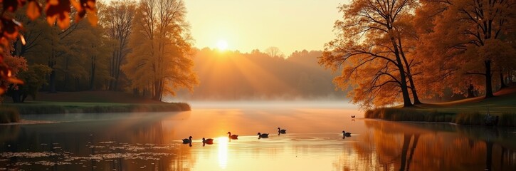 Serene Autumn Landscape with Ducks at Sunrise Over Calm Water and Vibrant Trees