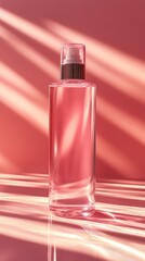Naklejka premium A sleek glass bottle filled with pink liquid, set against a soft pink background.