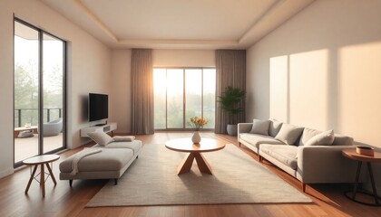 Fototapeta premium A modern living room with large windows, a flat-screen TV, and a wooden coffee table with a vase of flowers.