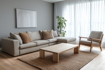 Minimalist, mid century modern interior design in the living room with light grey finished walls and a sofa and table. Generative AI
