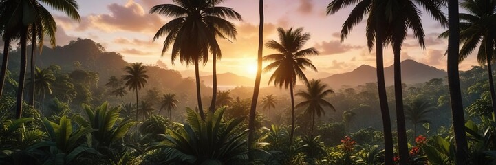 Sunrise over a lush and vibrant tropical forest in the Caribbean, leaf, plant, tree
